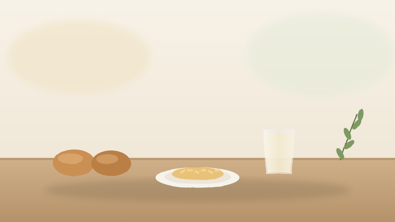 玄米のパンとグラタンの皿、飲み物を並べたイメージ(当サイトで作成)