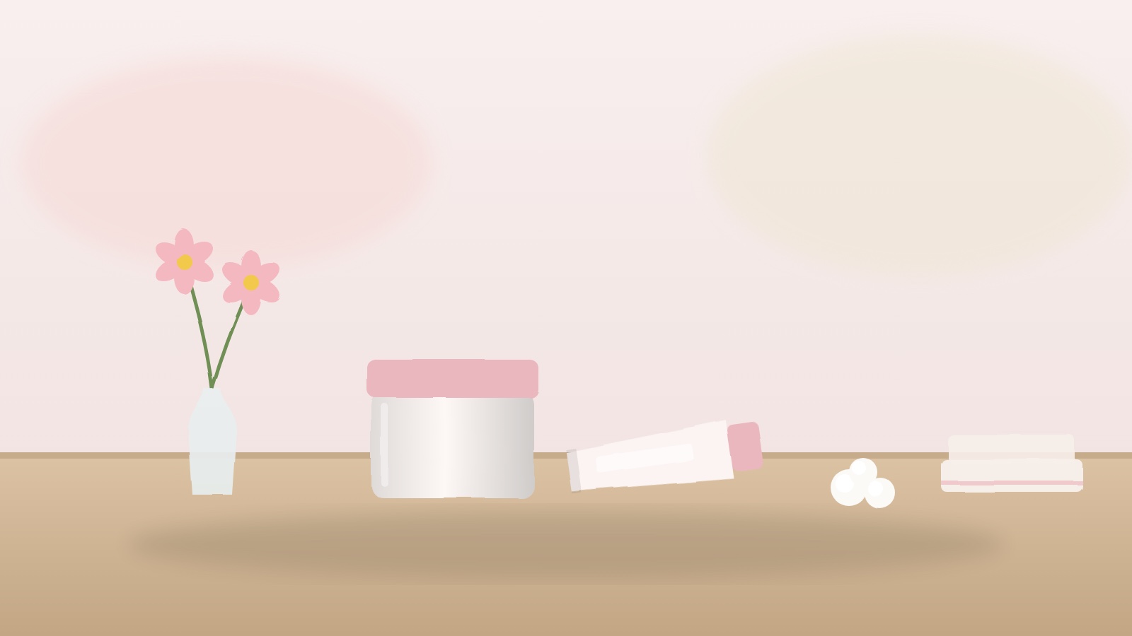 クリームの容器とチューブを花とコットンと並べたイメージ(当サイトで作成)