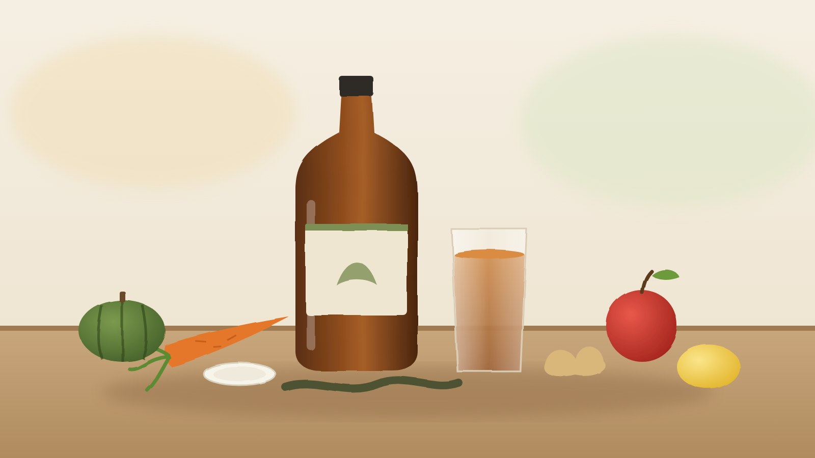 酵素ドリンクの瓶と野菜・果物のイメージ(当サイトで作成)