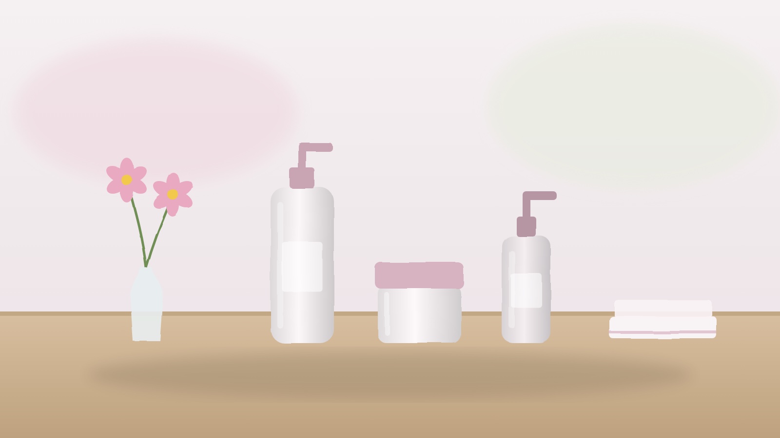 化粧水や乳液のボトルとクリームの容器を花と並べたイメージ(当サイトで作成)