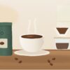 コーヒー豆の袋とカップ、ドリッパーを描いたイラスト(当サイトで作成)