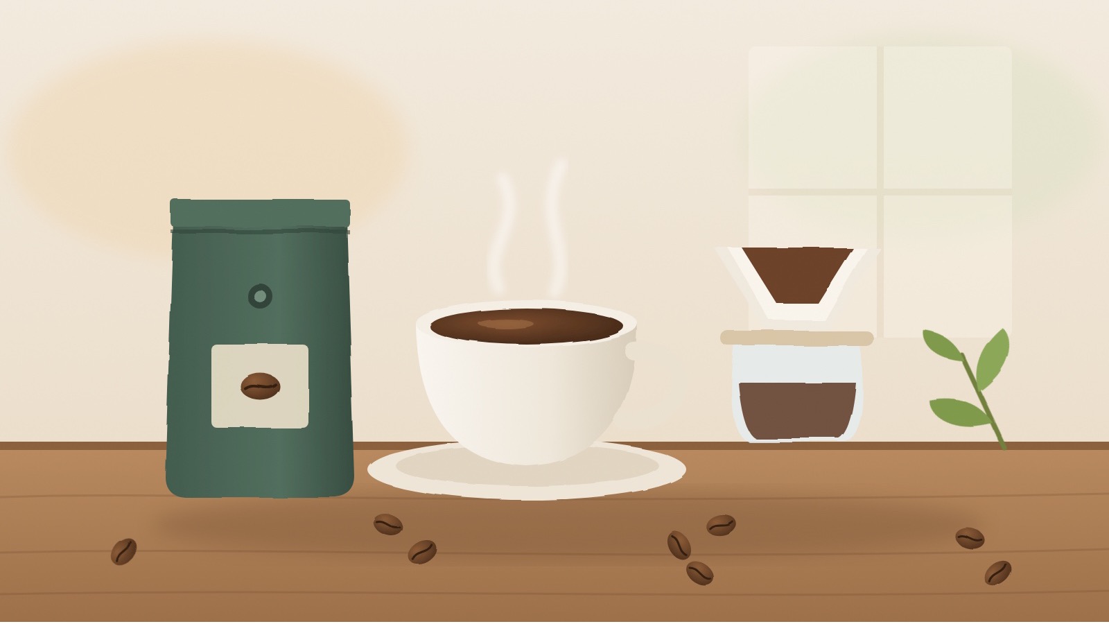 コーヒー豆の袋とカップ、ドリッパーを描いたイラスト(当サイトで作成)