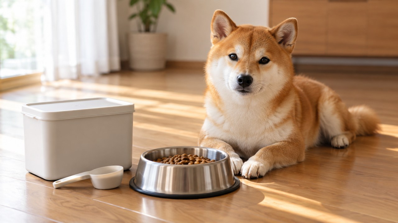 ドッグフードの入ったボウルと座る柴犬のイメージ