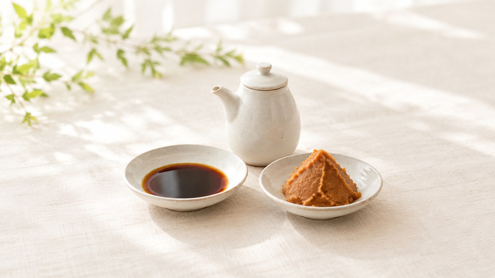 小皿に入れた醤油と味噌、白い陶器の醤油差しのイメージ