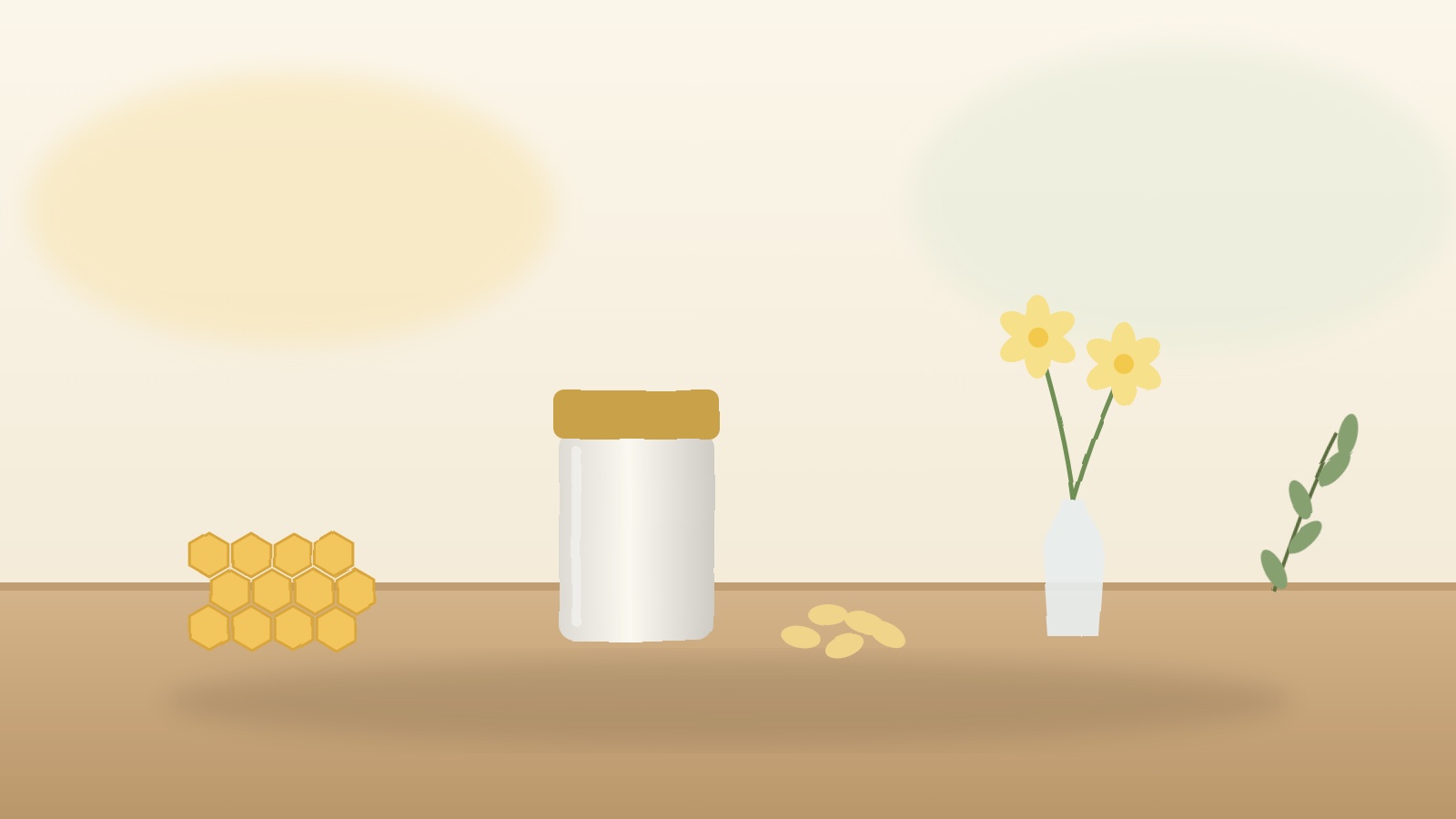 サプリメントの容器とカプセル、ミツバチの巣と花を並べたイメージ(当サイトで作成)
